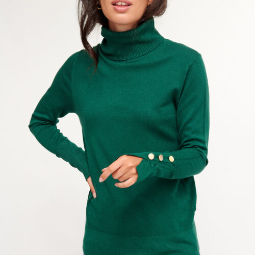 Jersey Verde Oscuro Botones Mangas Cuello Vuelto