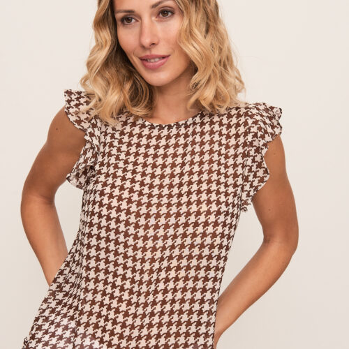 Blusa Pata de Gallo Blanco y Marrón con Volantes