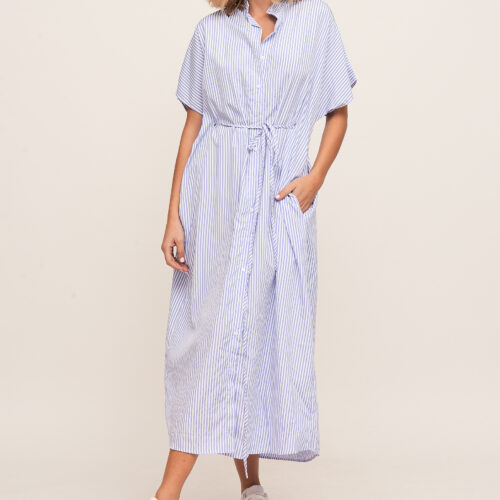 Vestido Camisero Largo Líneas Azules y Blancas