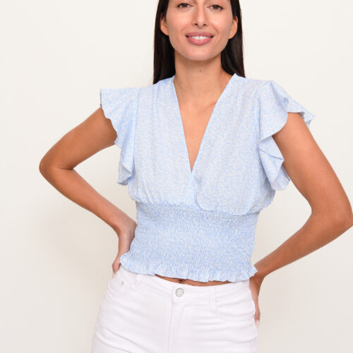 Blusa Azul con Flores Blancas y Volante