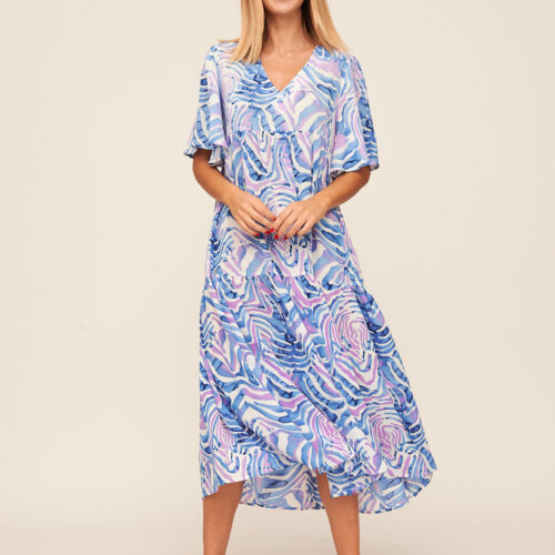 Vestido Largo Azul Estampado Rosa