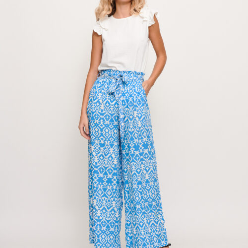 Pantalón Ancho Azul Flores Blancas