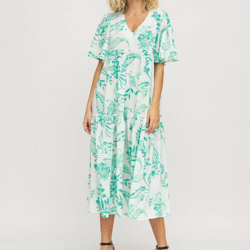 Vestido Manga Corta Estampado Flores Aguamarina