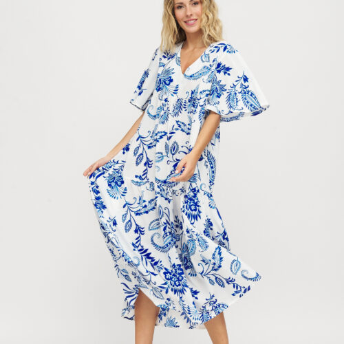 Vestido Manga Corta Estampado Flores Azul