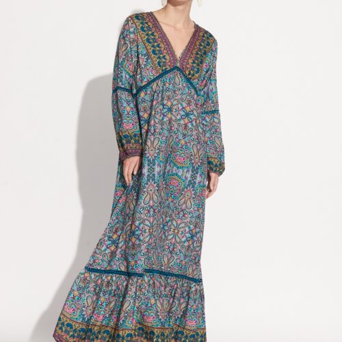 Vestido Largo Seda Azul Estampado