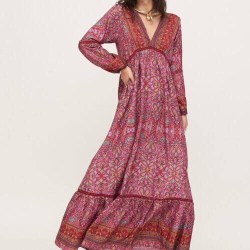 Vestido Largo Seda Rosa Estampado