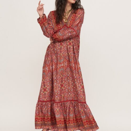 Vestido Largo Seda Rojo Estampado