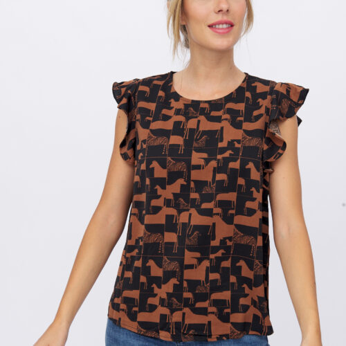 Blusa Cuadros Cebras Marrón Volantes