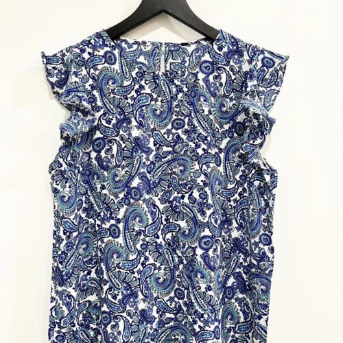 Blusa Estampado Étnico Azul Cuello Redondo Volantes