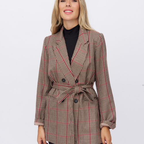 Abrigo Estilo Blazer Cuadros Marron/Rojo