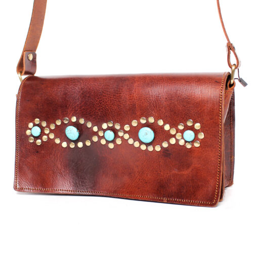 Bolso de Piel Marruecos Solapa con Tachuelas Turquesa
