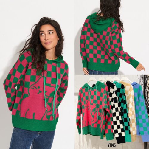 Sudadera con Capucha Estampado Gato y Cuadros Ajedrez