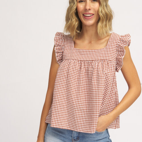 Blusa Cuadros Vichy Caramelo con Volante Mangas