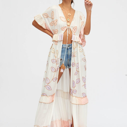 Kimono Largo Estampado Hojas Boho