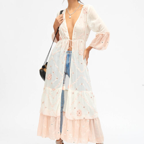 Kimono Largo Bordado Espejos Boho