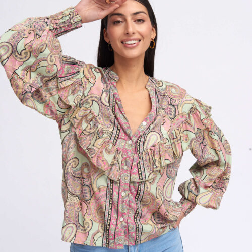 Camisa Volantes Seda Estampada