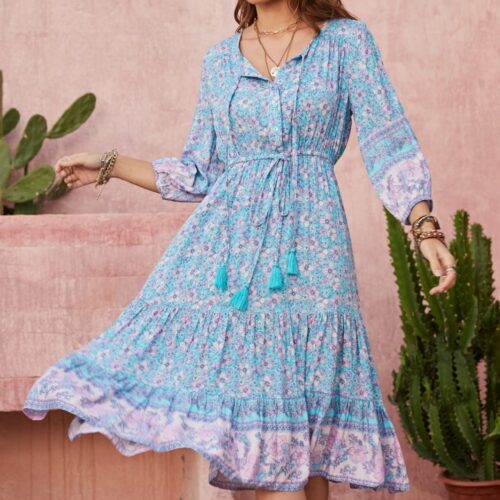 Vestido Corto Celeste Lila Estampado Flores