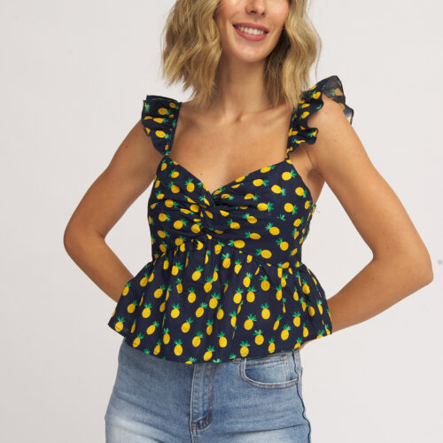 Blusa Corta Tirantes Volantes Azul Oscuro Estampado Piñas