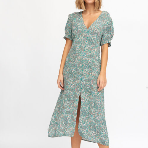 Vestido Midi Verde Estampado Étnico con Abertura