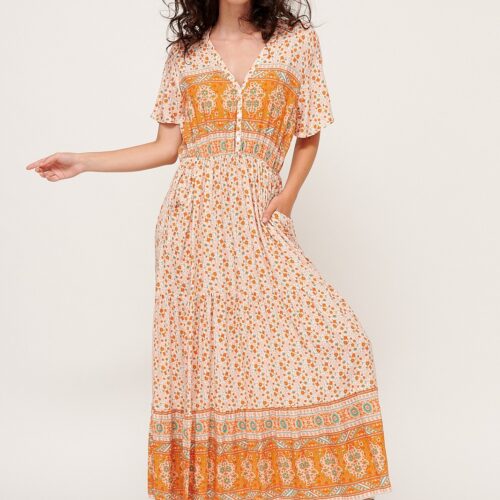 Vestido Largo Tonos Naranjas con Bolsillos