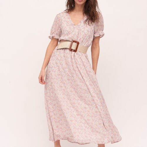 Vestido Largo Morado Estampado Flores Mangas Abullonadas