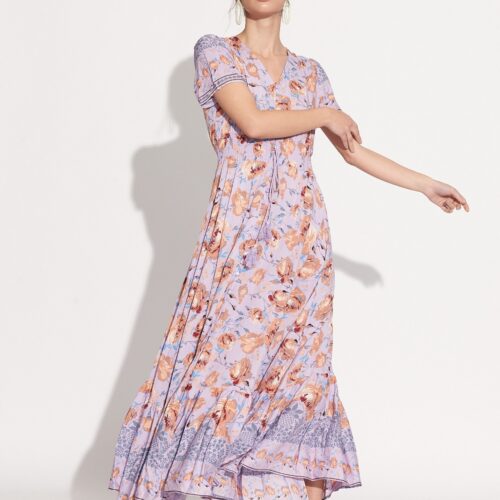 Vestido Largo Estampado Flores Tonos Lilas