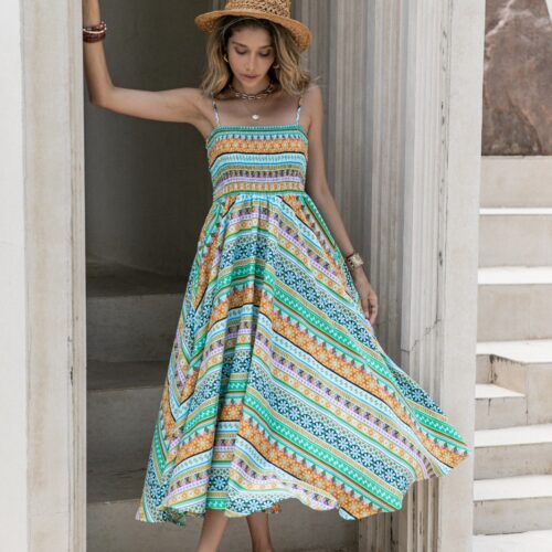 Vestido Largo Multicolor con Estampado Variado Tonos Azules