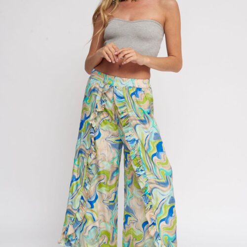 Pantalón Largo Seda Estampado Volantes