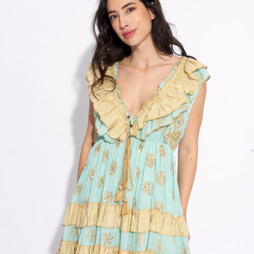 Vestido Corto Turquesa Boho Volante