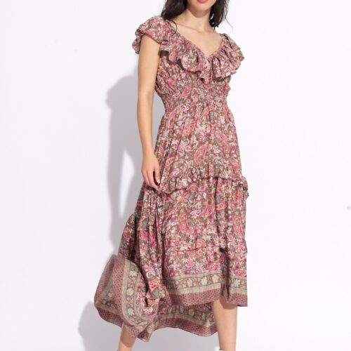 Vestido Largo Seda Asimétrico Volante Escote Estampado pack 6