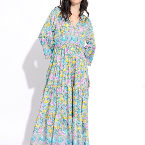 Vestido Largo Seda Azul Estampado Flores