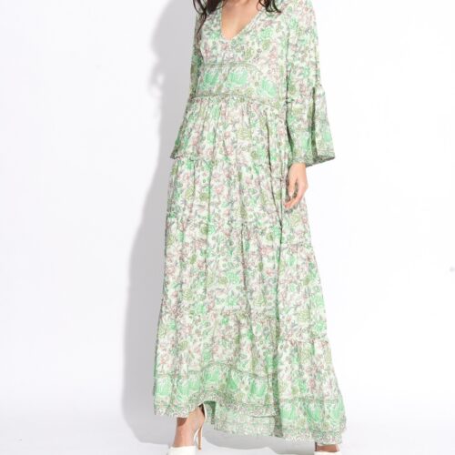 Vestido Largo Seda Verde Estampado Flores