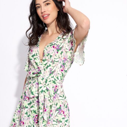 Vestido Corto Cruzado Verde Estampado Flores