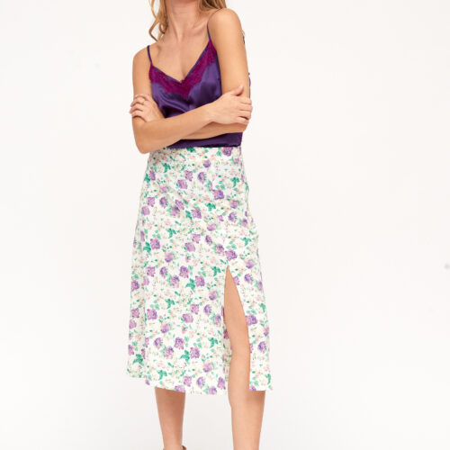 Falda Midi Blanca Estampado Flores con Abertura