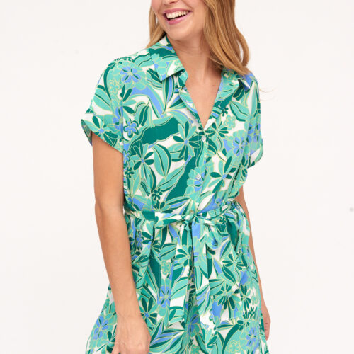 Vestido Corto Camisero Verde Estampado