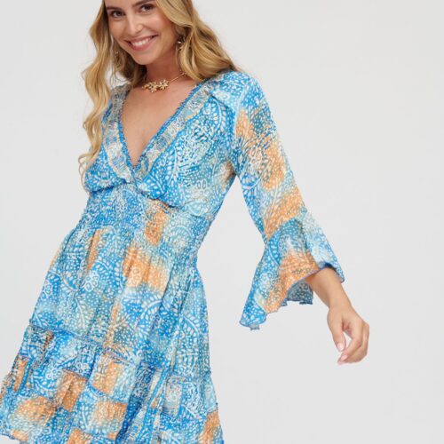 Vestido Seda Corto Estampado Nido Abeja