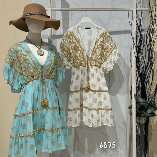 Vestido Corto Boho Adornos Dorados