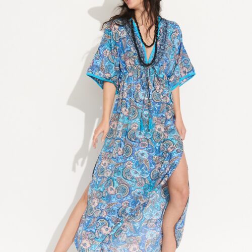 Vestido Largo Azul Seda Estampado Cruzado Volantes Mangas