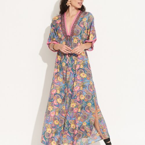 Vestido Largo Multicolor Seda Estampado Cruzado Volantes Mangas