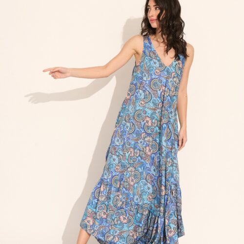 Vestido Largo Azul Seda Estampado Tirantes Anchos