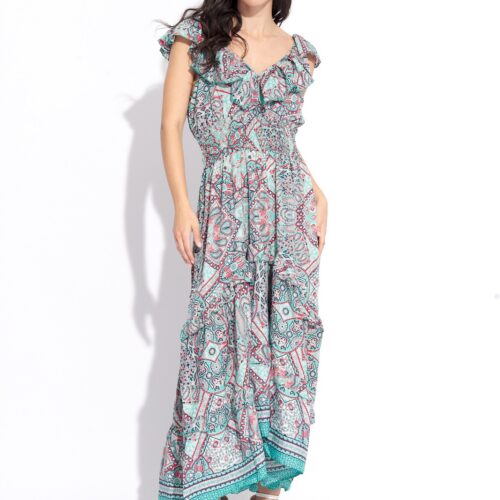 Vestido Largo Seda Estampado Cuello Volantes