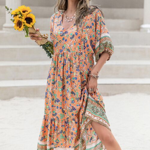 Vestido Midi Naranja Estampado Flores