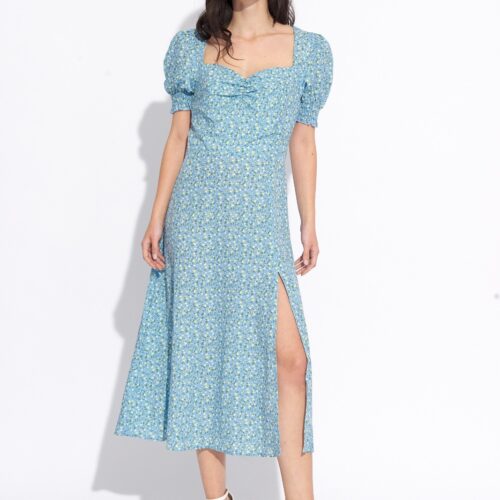 Vestido Midi Azul Estampado Flores con Abertura