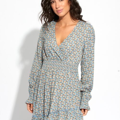 Vestido Corto Azul Estampado Flores Volantes