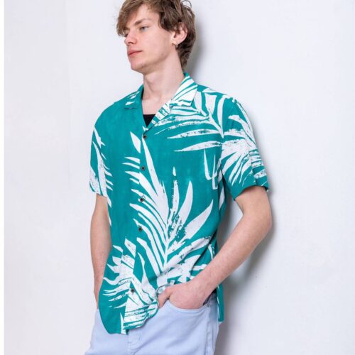 Camisa Hawaiana Turquesa Hojas