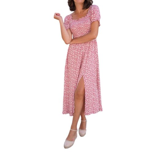 Vestido Midi Rosa Lila Estampado Florecitas