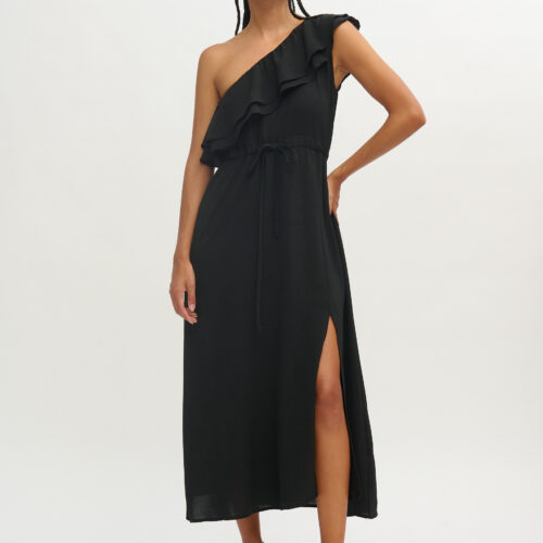 Vestido Midi Negro con Abertura Escote Asimétrico Volante