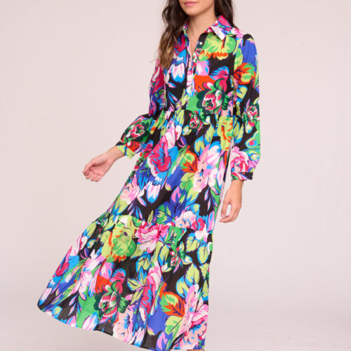 Vestido Midi Negro Estampado Flores Colores