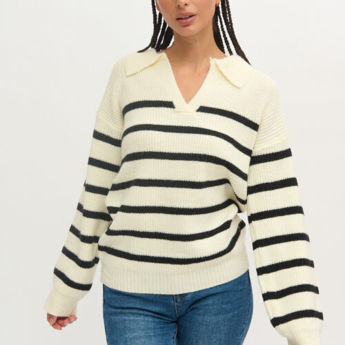 Jersey Blanco Rayas Escote Pico Cuello Camisa