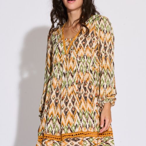 Vestido Corto Amarillo Estampado Rombos Colores Otoño